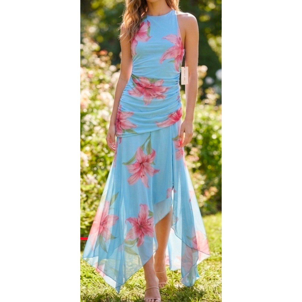 Floral Lily Ruched Maxi Dress Garden Party Elegant Feminine Romantic Tropical XS